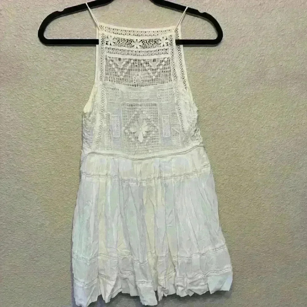 White Free people mini dress sz XS embroidered crochet tiered festival bridal - Picture 1 of 9